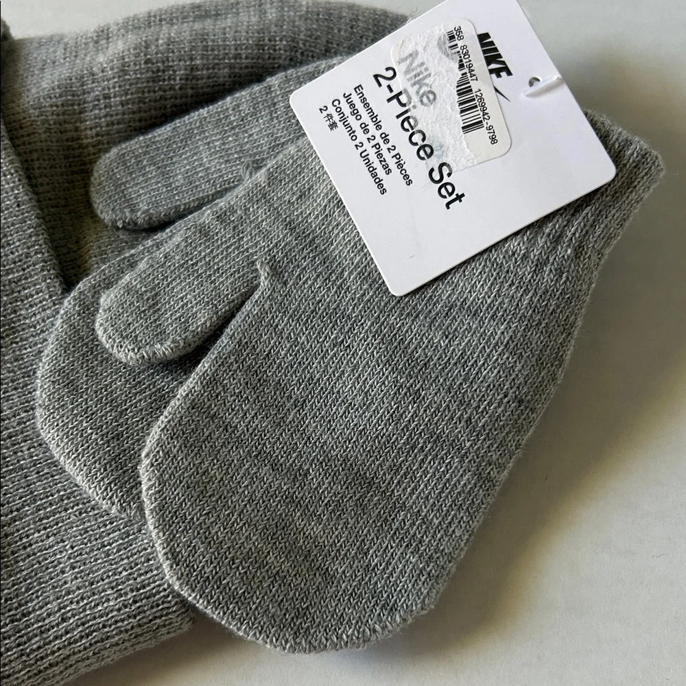 Nike Heather Gray Hot Pink Embroidered Fold Over Beanie and Mittens 2 Piece Set - Picture 9 of 14